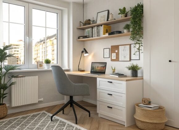 Small home office setup in modern apartment with compact desk and ergonomic chair