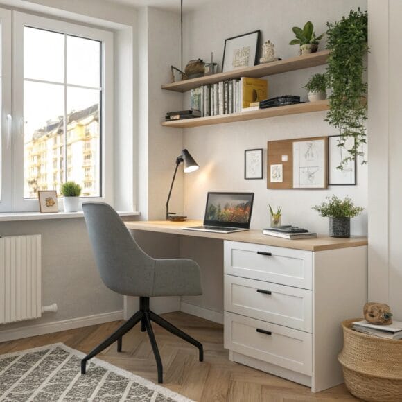 Small home office setup in modern apartment with compact desk and ergonomic chair
