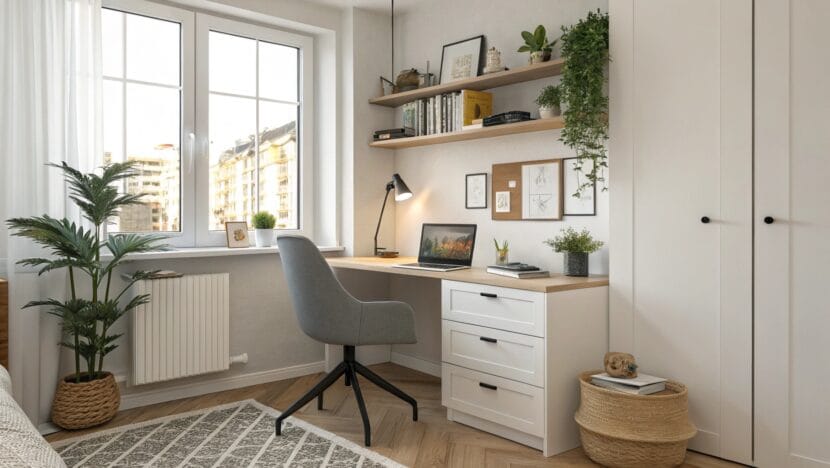 Small home office setup in modern apartment with compact desk and ergonomic chair
