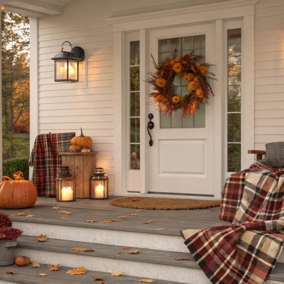 Warm fall porch decor ideas with pumpkins, lanterns, and autumn wreath creating a cozy outdoor space
