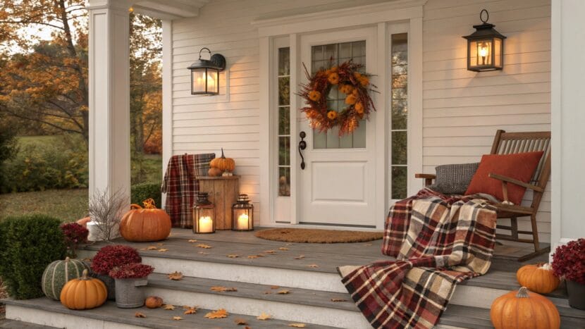 Warm fall porch decor ideas with pumpkins, lanterns, and autumn wreath creating a cozy outdoor space