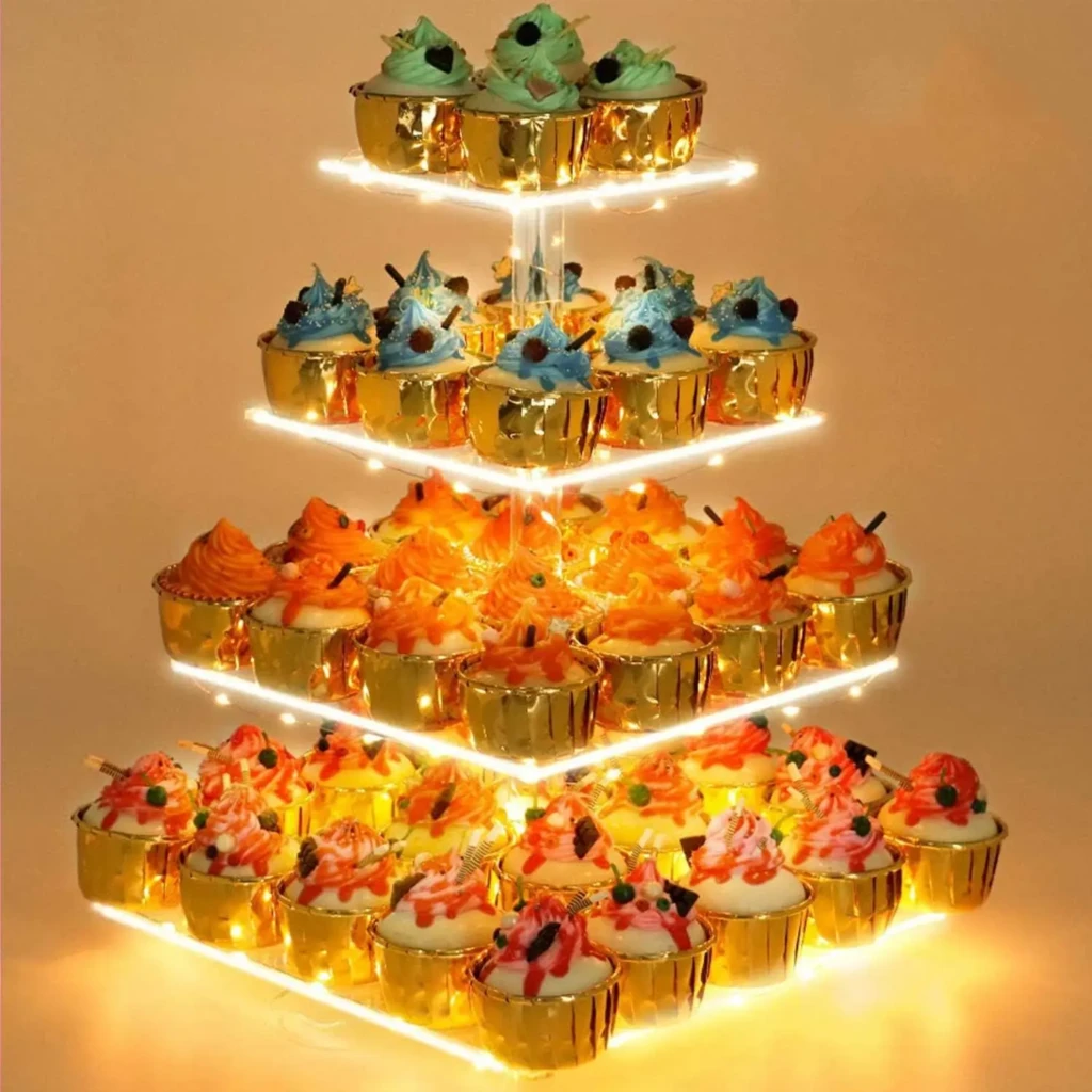 
YestBuy 4 Tier Cupcake Stand Acrylic Tower Display with LED Light Premium Holder Dessert Tree Tower for Birthday Cady Bar Décor Weddings