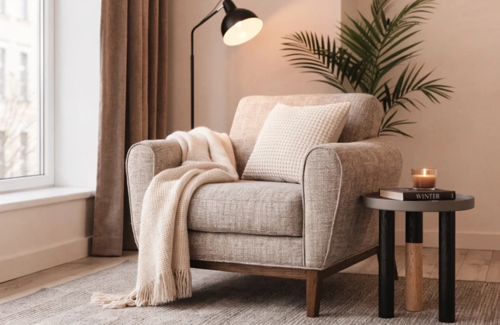 Warm cozy living room design featuring thick window treatments and inviting winter home decor ideas.