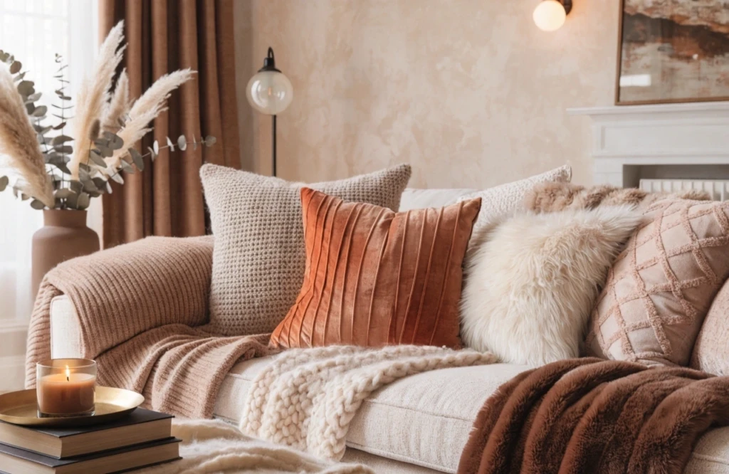 Cozy winter living room with layered throws and pillows creating warm living room ideas.