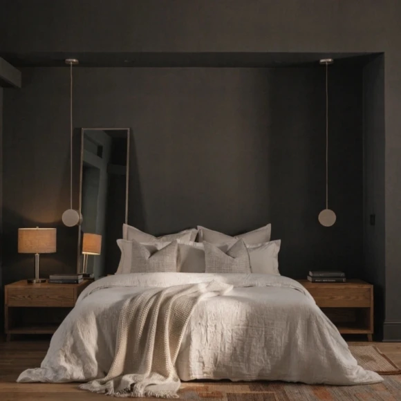 Deep charcoal bedroom interior showcasing bedroom color trends 2026 with dramatic walls, light bedding, and warm wood accents.