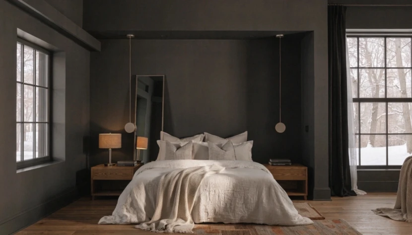 Top 10 Bedroom Color Trends to Refresh Your Space in 2026 Deep charcoal bedroom interior showcasing bedroom color trends 2026 with dramatic walls, light bedding, and warm wood accents.