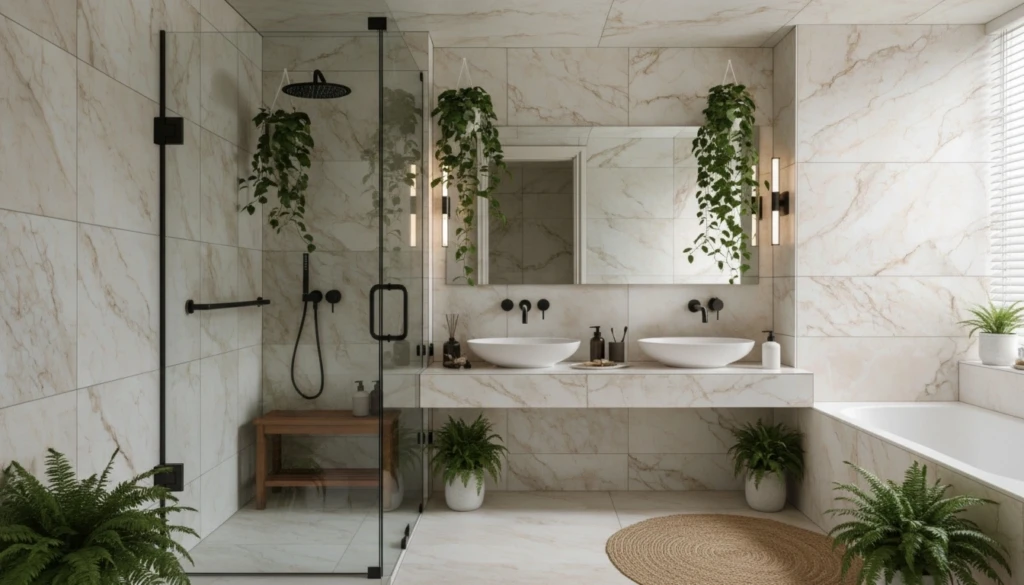 Biophilic bathroom design trend for 2026 featuring indoor plants, natural light, and a minimalist spa atmosphere