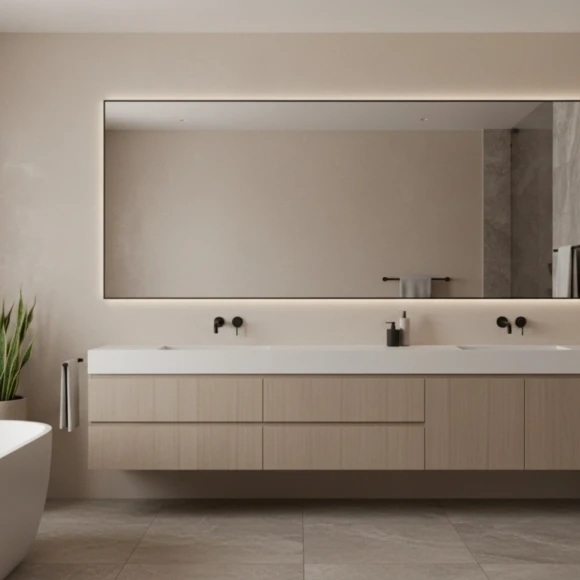 2026 bathroom trends with minimalist bathroom design, featuring floating vanity, natural materials, and a sleek modern look
