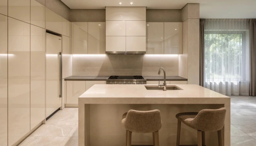 Space-saving kitchen solutions using modular kitchen layouts with multifunctional storage and organized modern design.