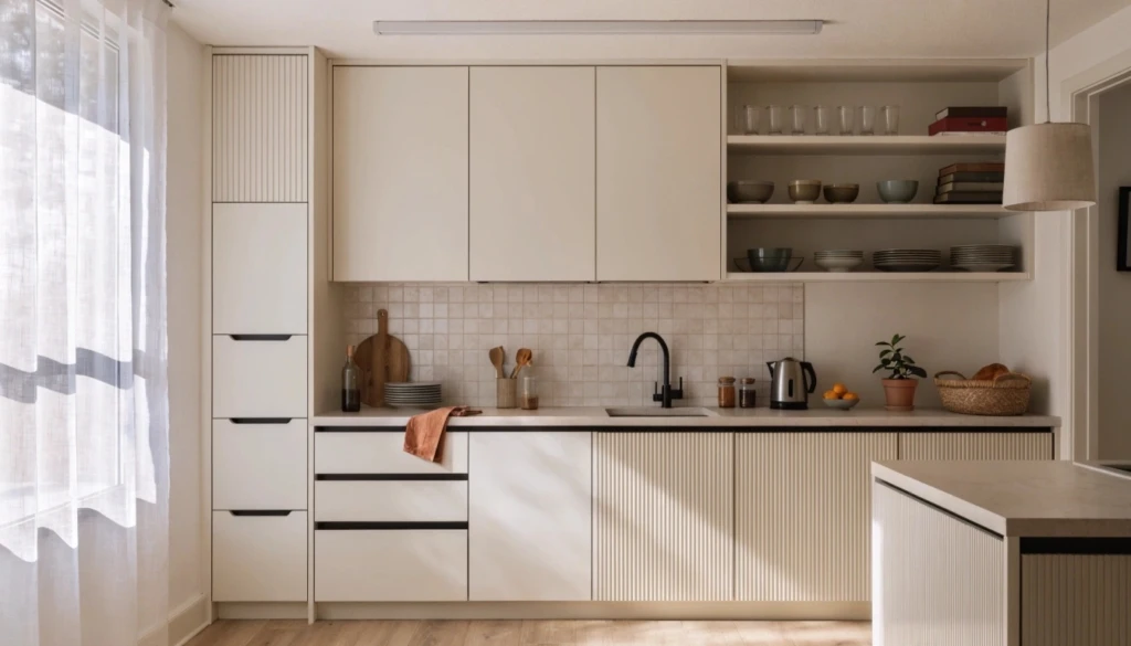 Small kitchen design ideas featuring modular cabinets, vertical storage, and space-saving solutions for modern homes.